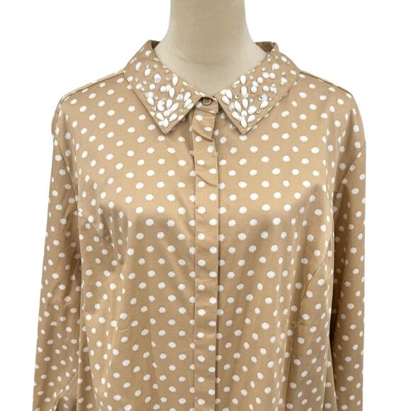 Lane Bryant NWT Tan & White Polka Dot Rhinestone Jewel Collar Button Up Shirt - Picture 7 of 11
